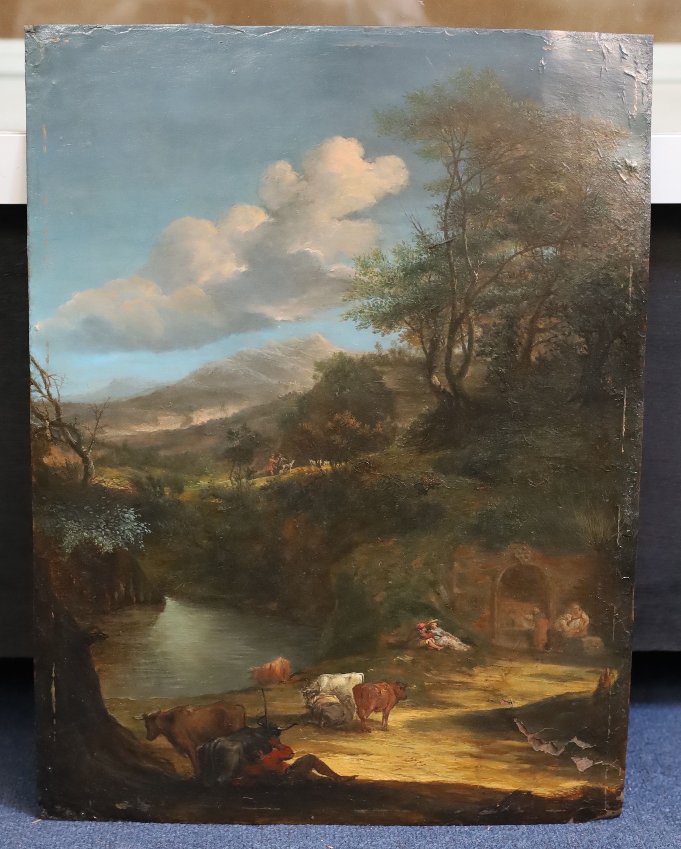 18th century Flemish School, Cattle drover and other figures at rest in an Italianate landscape, oil on copper, 47.5 x 36cm, unframed